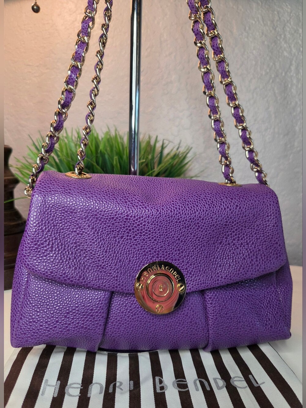 Henri Bendel Milliner Purple Pebbled Leather Chain Crossbody Shoulder Bag - Picture 2 of 16